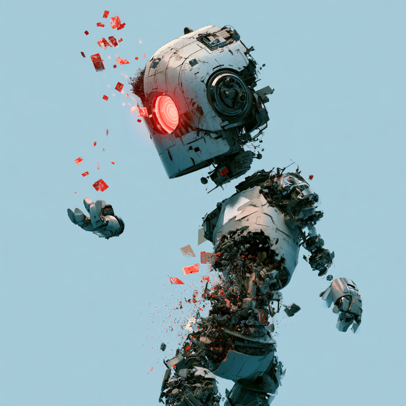 A robot in mid-assembly, parts converging into form