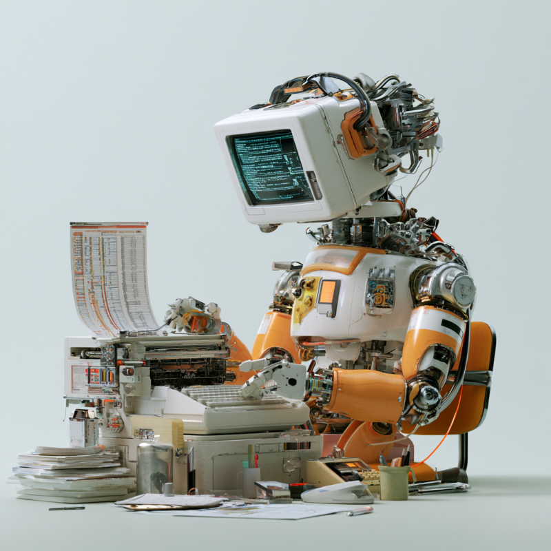 A retro-futuristic robot at a desk working through paperwork